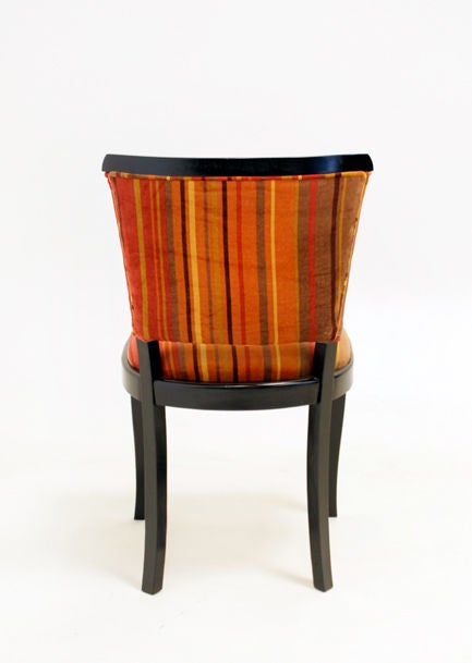 Mid-20th Century Six Regency Ebonized Wood Tulip Back Dining Chairs in Striped Mohair For Sale