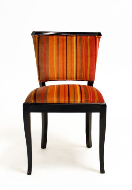 Six Regency Ebonized Wood Tulip Back Dining Chairs in Striped Mohair For Sale 1