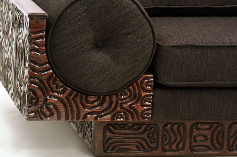 Mid-20th Century Large carved custom redwood and charcoal fabric sofa