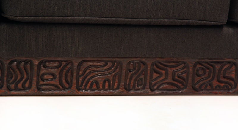 Fabric Large carved custom redwood and charcoal fabric sofa