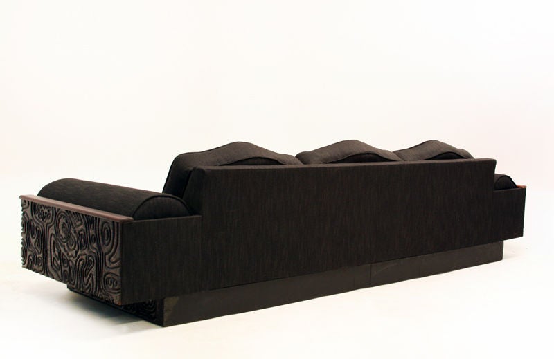 Large carved custom redwood and charcoal fabric sofa 2
