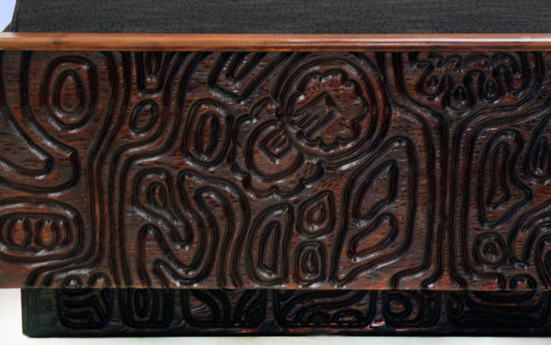 Large carved custom redwood and charcoal fabric sofa 3