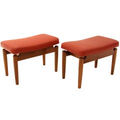 Pair of Walnut and Red Leather ottomans