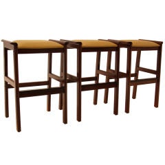 Set of Three Solid Teak Rosewood and Leather Bar Stools