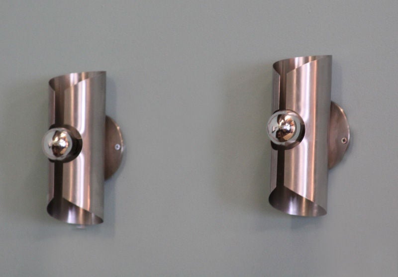 Pair Of Cylindrical Chromed Steel Sconces, Sciolari Attribution