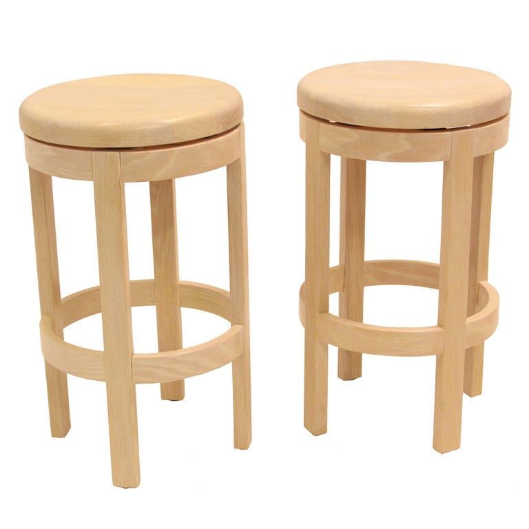 Mid-Century English Bleached Oak Round Swivel Stools For Sale