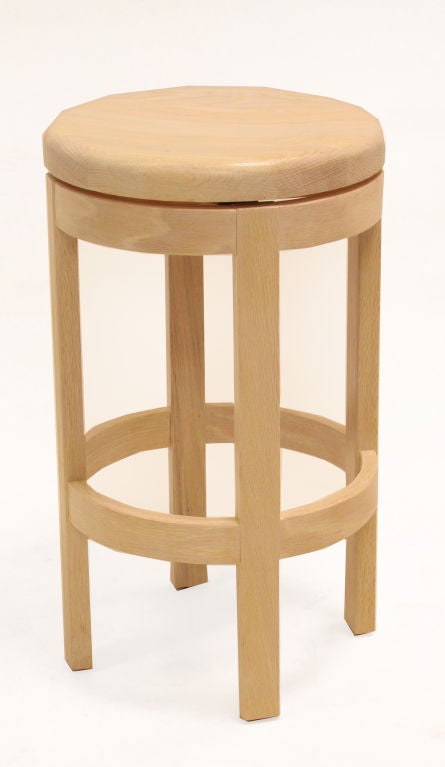 Bleached oak stools with round swivel seats.

In order to preserve our inventory, after restoration we blanket wrap and store nearly every piece in our warehouse. Please email Hayes Gallery in the Contact Dealer section, located beside our logo to