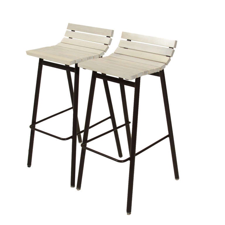 Contemporary Set of 2 Slat Bar Stools in Bleached Walnut by Thomas Hayes Studio