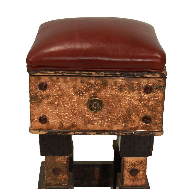 American Rustic Modern Folk Art Hand Hammered & Carved Wood Stool with Leather Seat For Sale