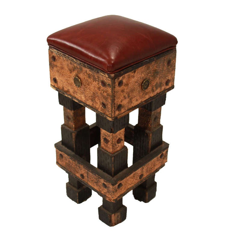 Rustic Modern Folk Art Hand Hammered & Carved Wood Stool with Leather Seat In Distressed Condition For Sale In Los Angeles, CA