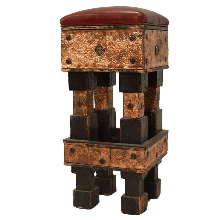 Mid-20th Century Rustic Modern Folk Art Hand Hammered & Carved Wood Stool with Leather Seat For Sale