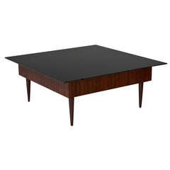 Mid-Century Modern Walnut Coffee Table with Reverse Painted Black Glass