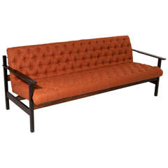 Solid Brazilian Rosewood and Tufted Burnt Orange Linen Sofa
