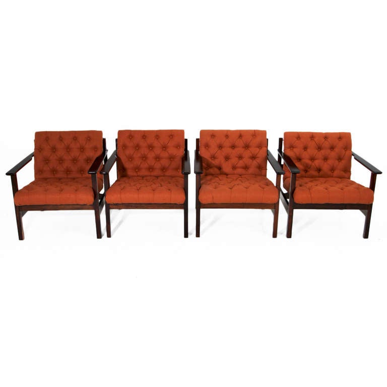 Set of Four Solid Brazilian Rosewood & Linen Arm Chairs In Good Condition In Hollywood, CA