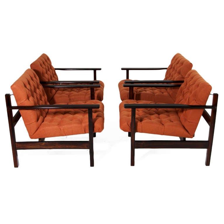 Mid-20th Century Set of Four Solid Brazilian Rosewood & Linen Arm Chairs