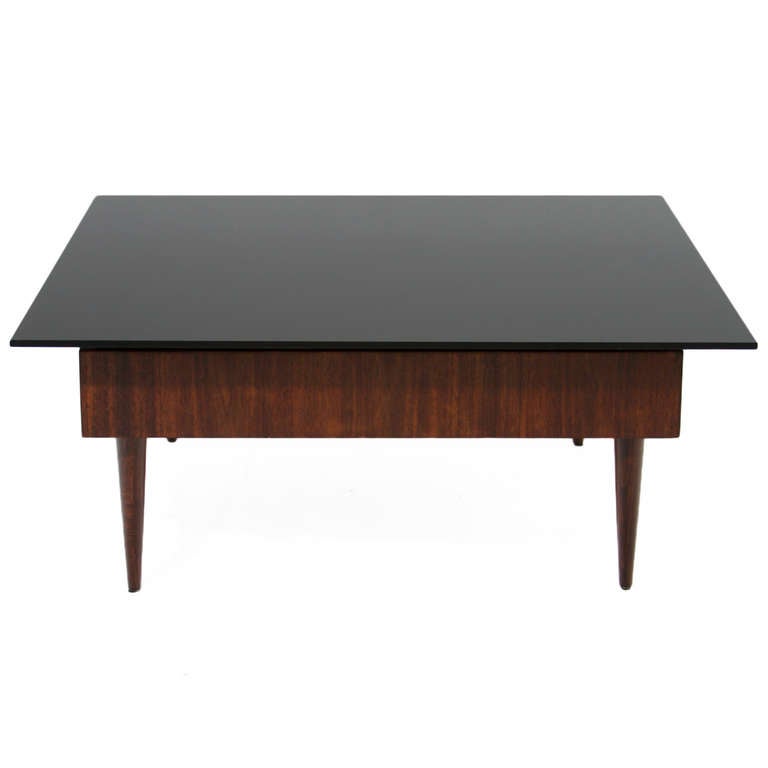 Mid-Century Modern Walnut Coffee Table with Reverse Painted Black Glass