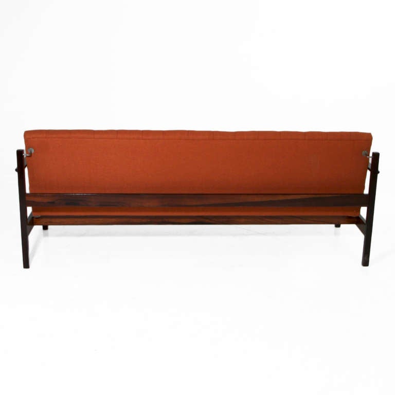 Solid Brazilian Rosewood and Tufted Burnt Orange Linen Sofa In Good Condition In Hollywood, CA