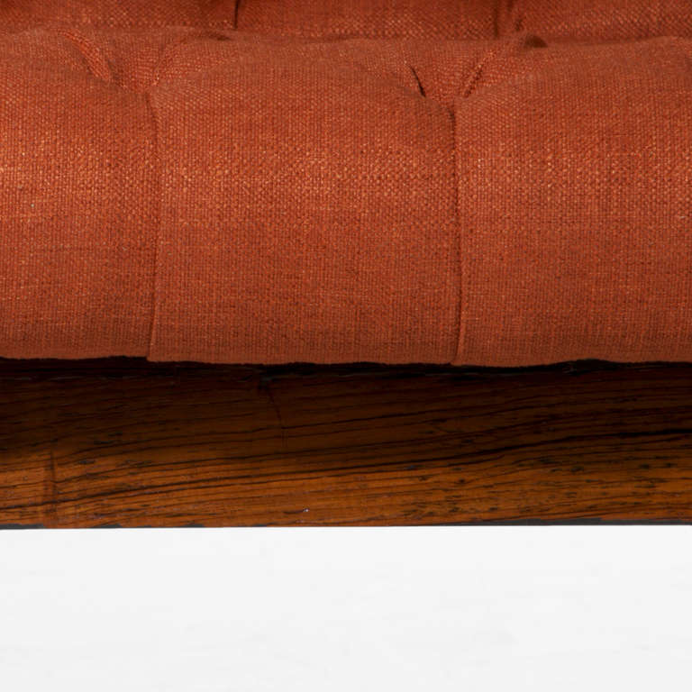 Solid Brazilian Rosewood and Tufted Burnt Orange Linen Sofa 1