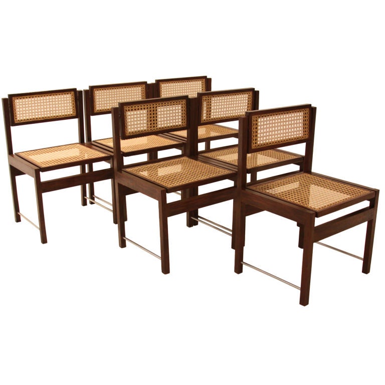 Set of Six Brazilian Hardwood Swivel Back Dining Chairs with Caned Back & Seat For Sale