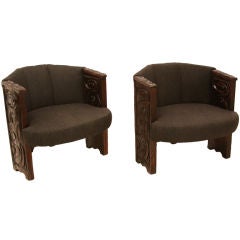 Pair of Carved Redwood Faceted California Craftsman Chairs