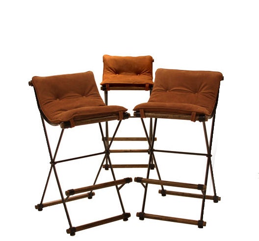 Set of 3 oak and iron bar stools by Cleo Baldin