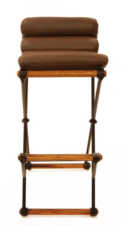 Oak and black iron bar stool with barrel wrapped brown leather by Cleo Baldon.

Seat Depth: 12