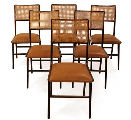 Set of 6 Rosewood dining chairs with caned backs and thick high-quality caramel leather seats by Martin Eisler. The chairs have beautiful detail along the seat base as shown in photos. The backs have been recained by hand in Brazil. Seat Depth