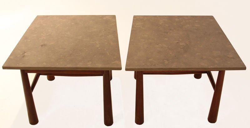 Organic Modern Brazilian Brauna Wood and Limestone Asymmetrical End Tables