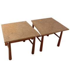 Organic Modern Brazilian Brauna Wood and Limestone Asymmetrical End Tables