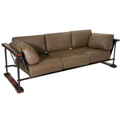 Rare Black Iron, Oak & Olive Green Leather Sofa by Cleo Baldon