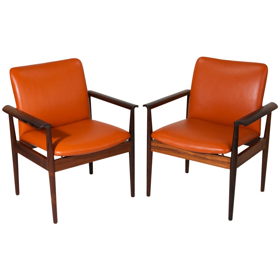 Vintage Finn Juhl Rosewood and Leather "Diplomat" Armchairs For Sale