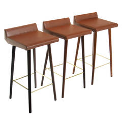 Set of Three Wood, Leather and Brass Bar Stools by Cimo from Brazil
