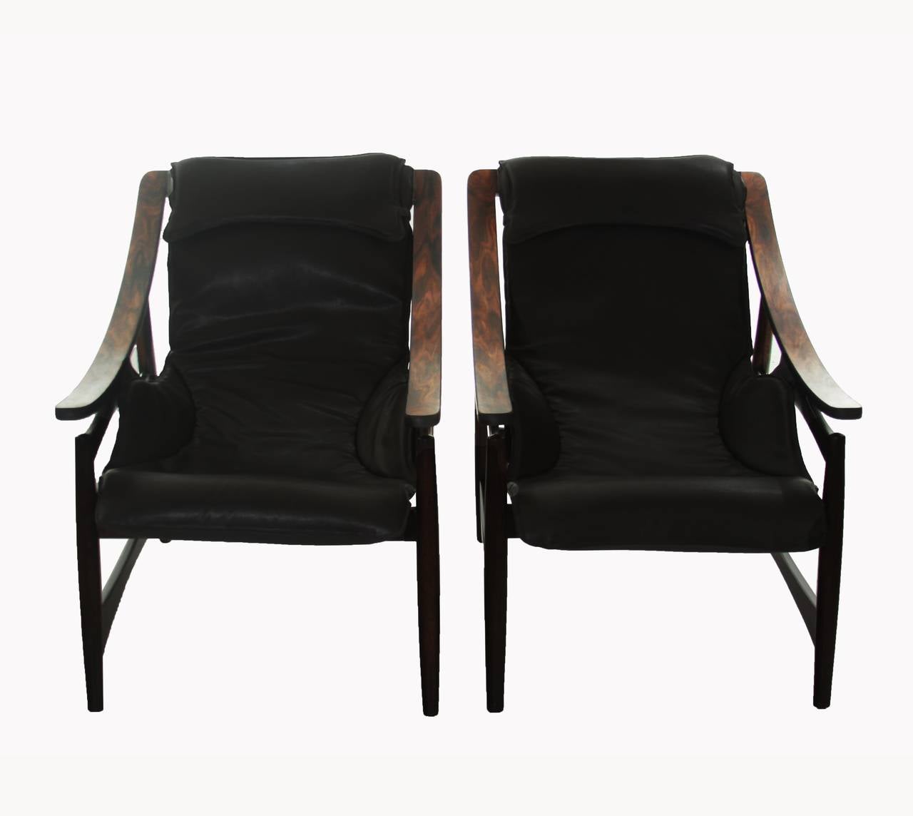 Lacquered Pair of Liceu de Artes e Oficios Rosewood Lounge Chairs with Ottomans