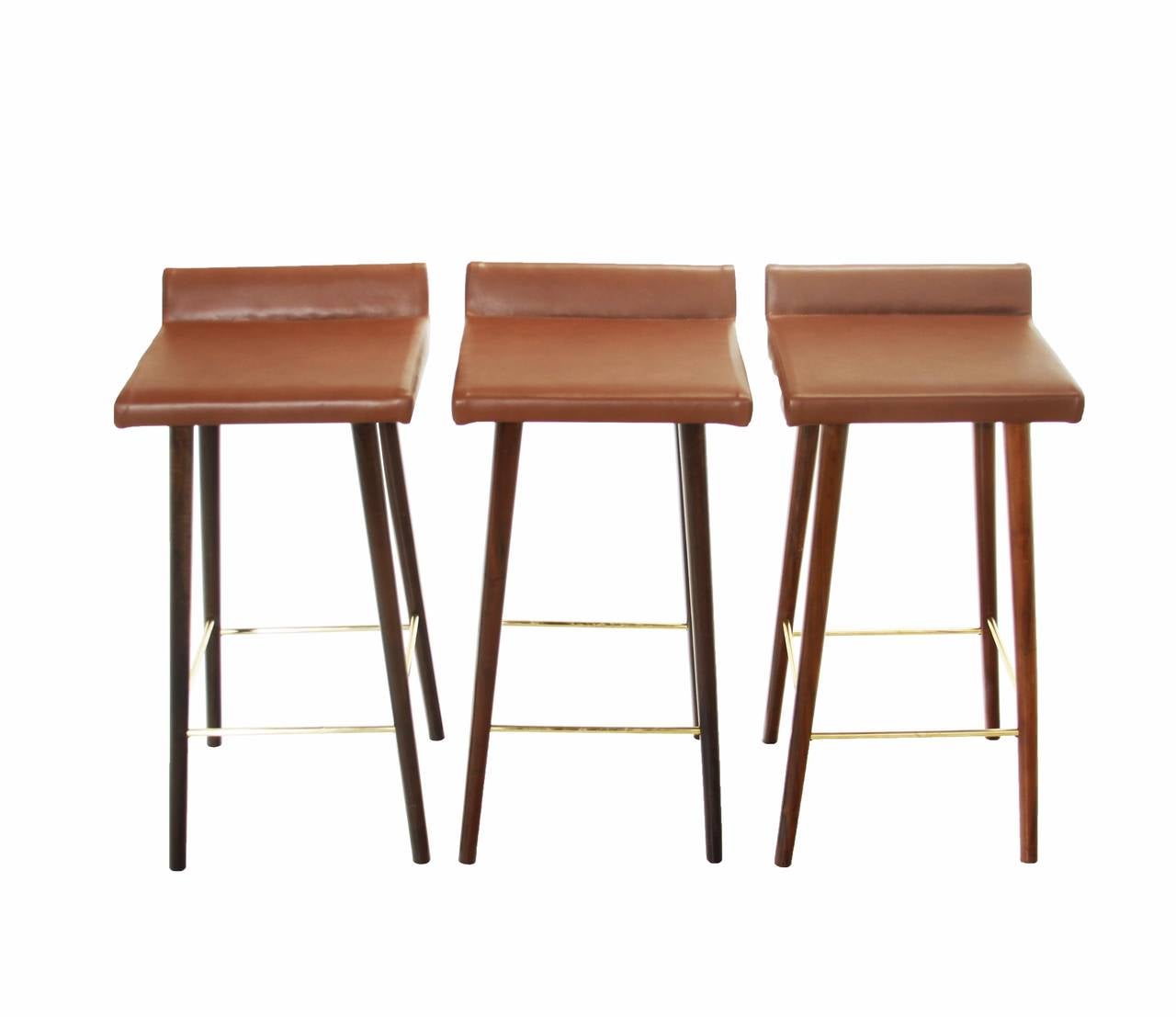 Brazilian Set of Three Wood, Leather and Brass Bar Stools by Cimo from Brazil