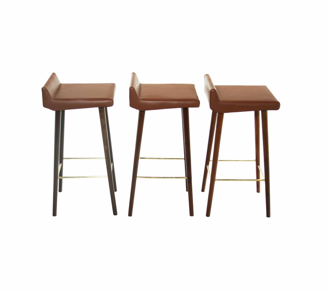 Lacquered Set of Three Wood, Leather and Brass Bar Stools by Cimo from Brazil