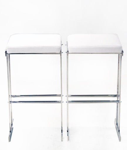 Brazilian White Leather Bar Stools Solid Chromed Steel