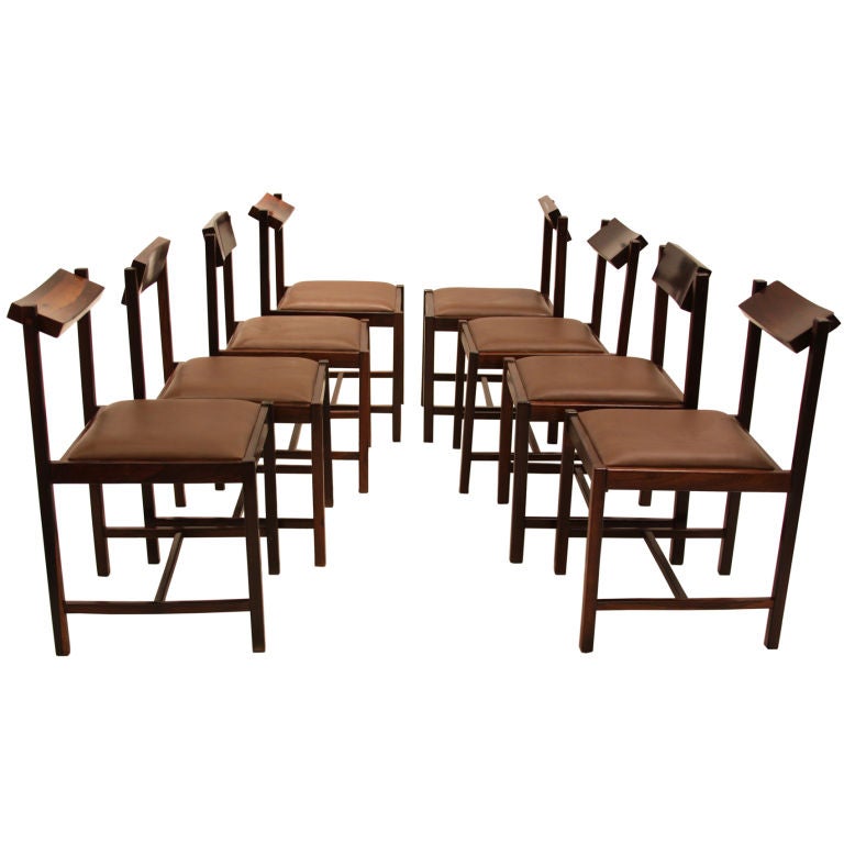 Eight Mobilia Contemporanea Brazilian Solid Rosewood Swivel Back Dining Chairs