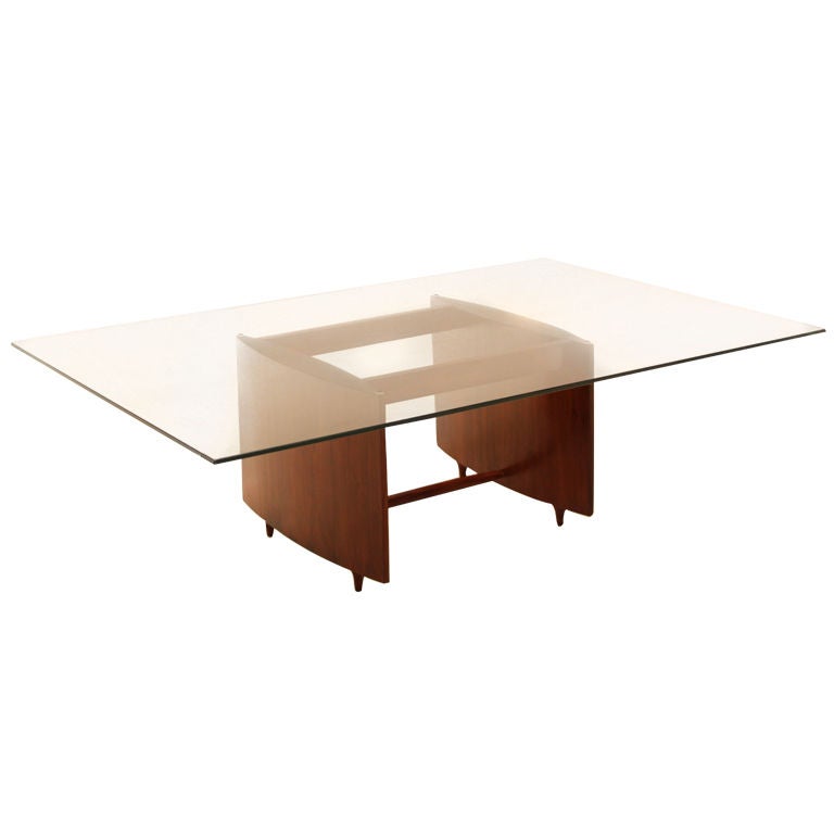 Asymmetrical Caviuna Coffee Side Table with Suspended Base and Glass Top For Sale