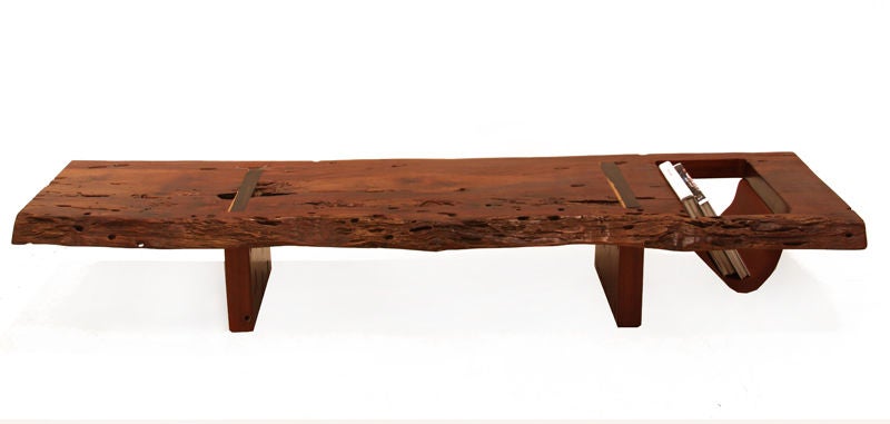 Amazing live edge slab table or bench made from reclaimed Goncalo Alve beams with inset Jacardna wood details. Zanini de Zanine Caldas continues in the tradition of his father, noted Brazilian architect and designer Jose Zanine Caldas, using all