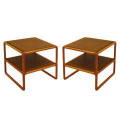 Pair of Ward Bennett Leather and Bleached Oak Side Tables