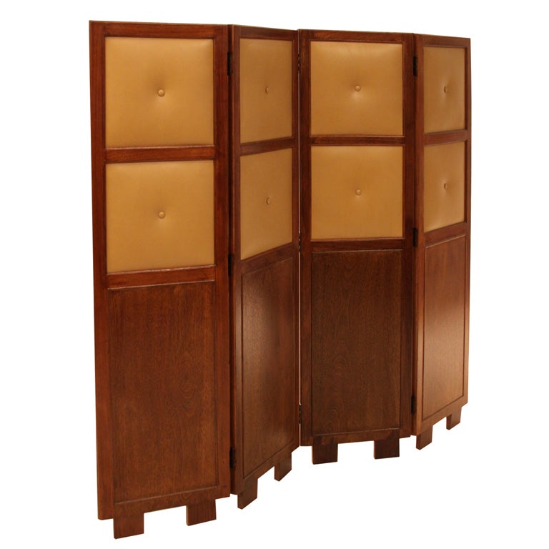 Brazilian Imbuia and Leather Folding Screen or Room Divider For Sale