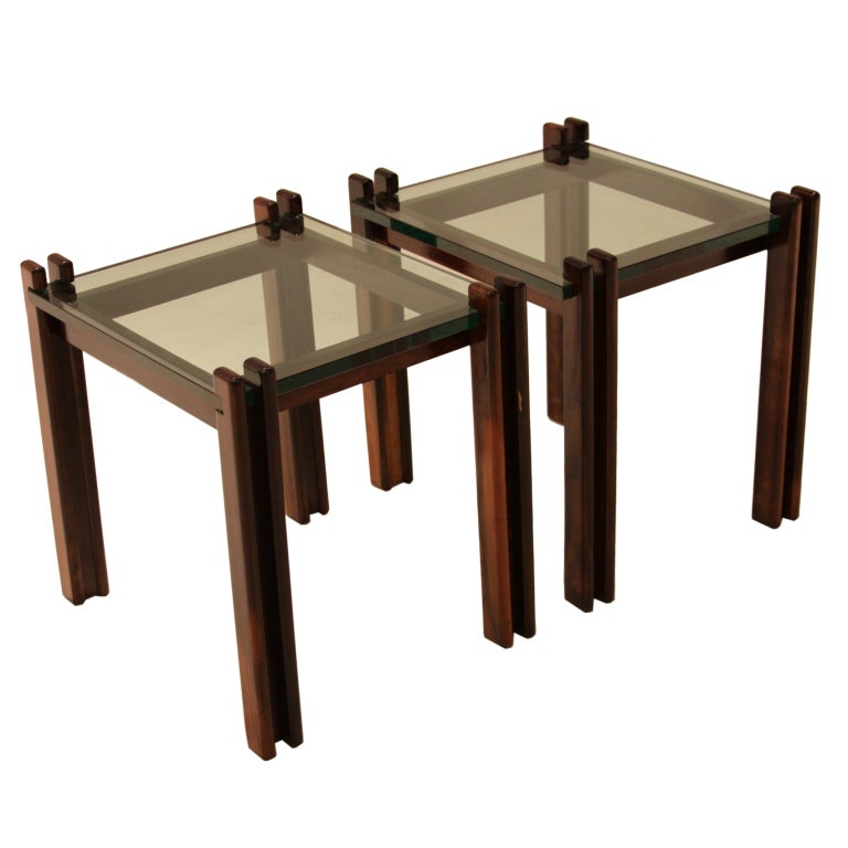 Pair of Brazilian Rosewood and Cantilevered Glass Side End Tables For Sale