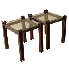 Pair of Brazilian Rosewood and Cantilevered Glass Side End Tables