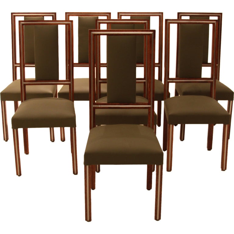 Set of Eight Brazilian Imbuia and Chrome Inlay Dining Chairs For Sale