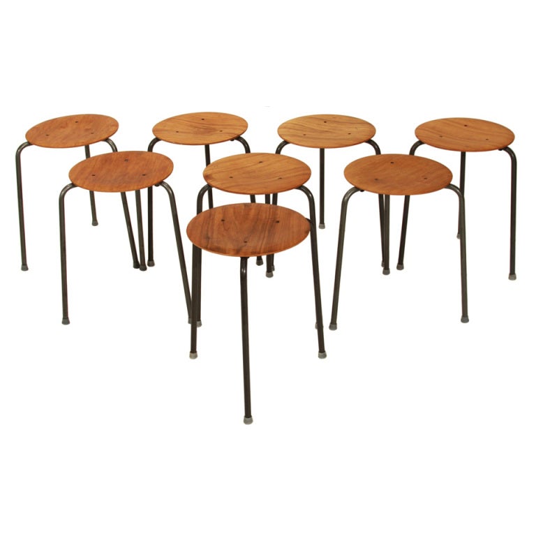 A set of eight stacking stools by Arne Jacobson, the Danish architect and architectural Functionalism designer, known especially for simple but effective chair designs.
 