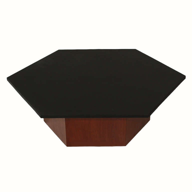 Solid Walnut hexagon coffee table with leather hexagon top In Good Condition In Hollywood, CA