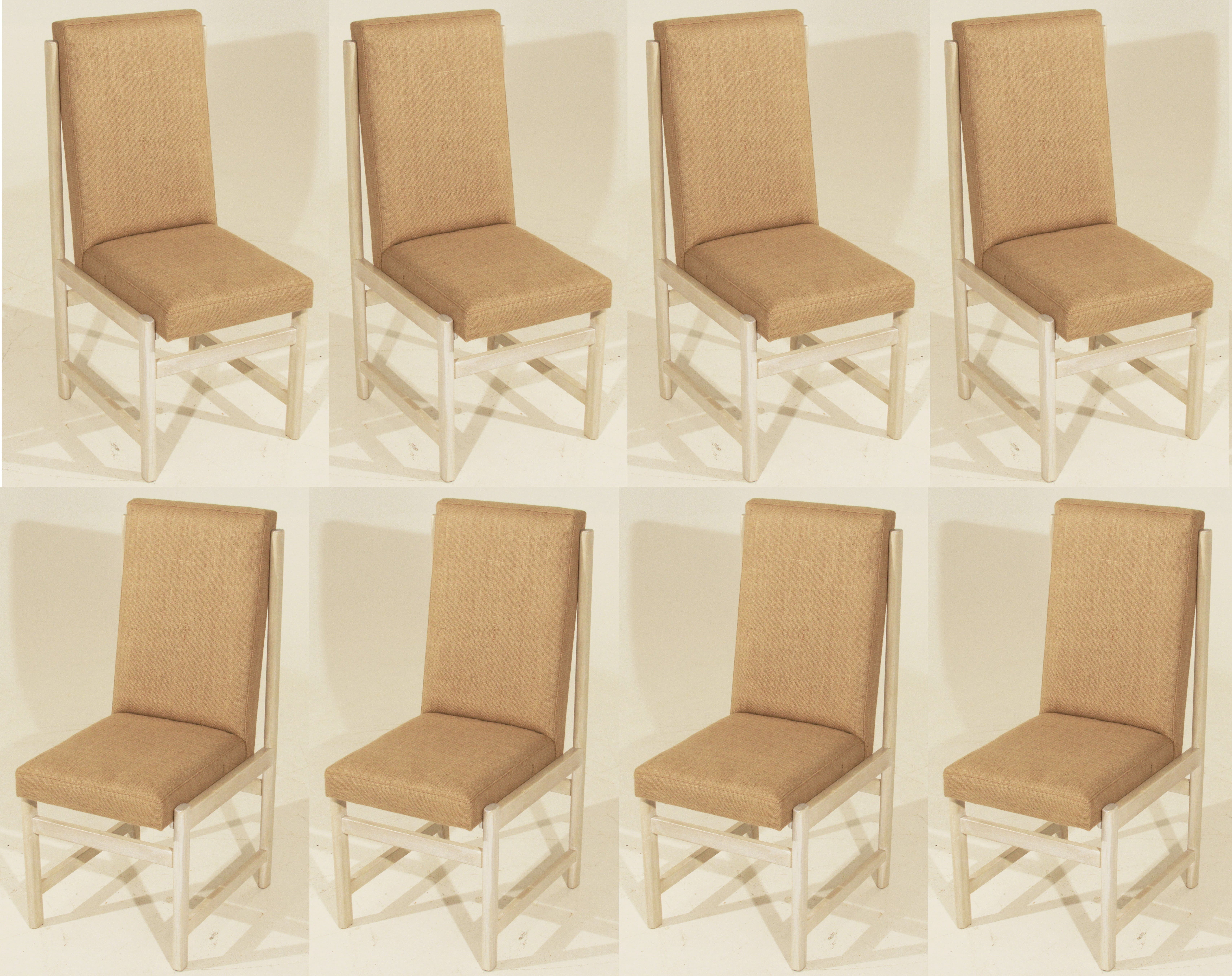 Set of Eight Solid Bleached Vinhatico & Linen Basic Dining Chairs by Celina