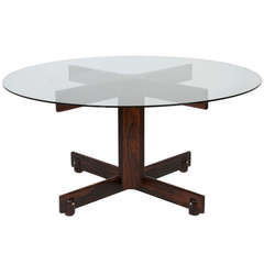 Solid Rosewood and Round Glass Dining Table by Sergio Rodrigues