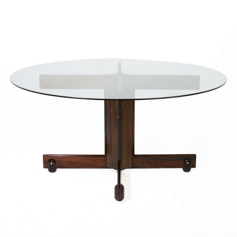 American Solid Rosewood and Round Glass Dining Table by Sergio Rodrigues