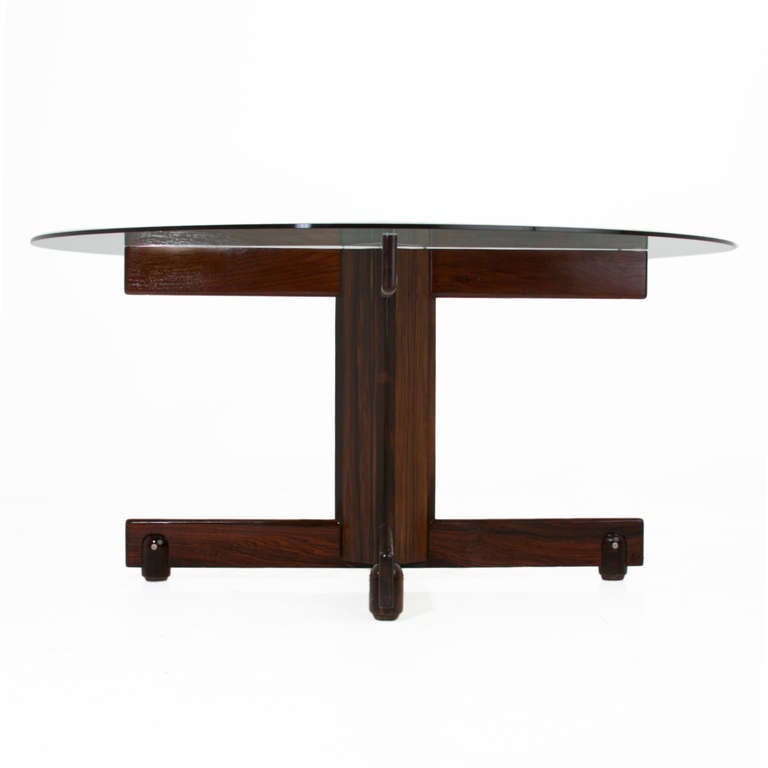 Mid-20th Century Solid Rosewood and Round Glass Dining Table by Sergio Rodrigues
